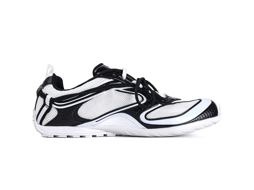 White and black mesh sneaker with synthetic overlays and rubber sole.