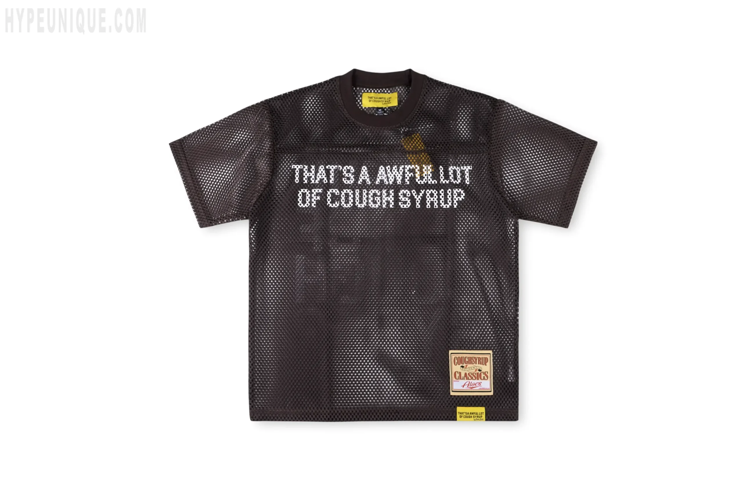 That's A Awful Lot of Cough Syrup Letter Mesh T-shirt, brown, front view. Showing the mesh fabric and the brand's printed logo on the chest.