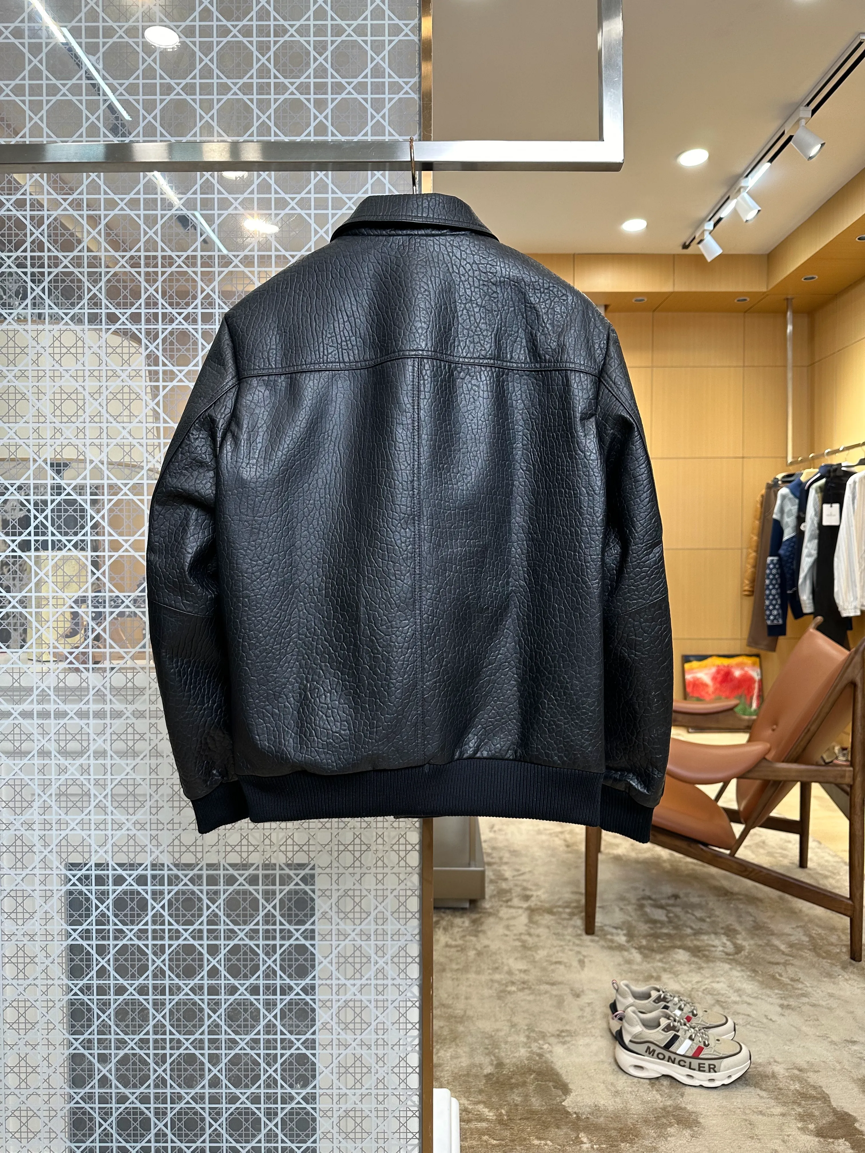 Back View Embossed Logo Pebbled Leather Jacket