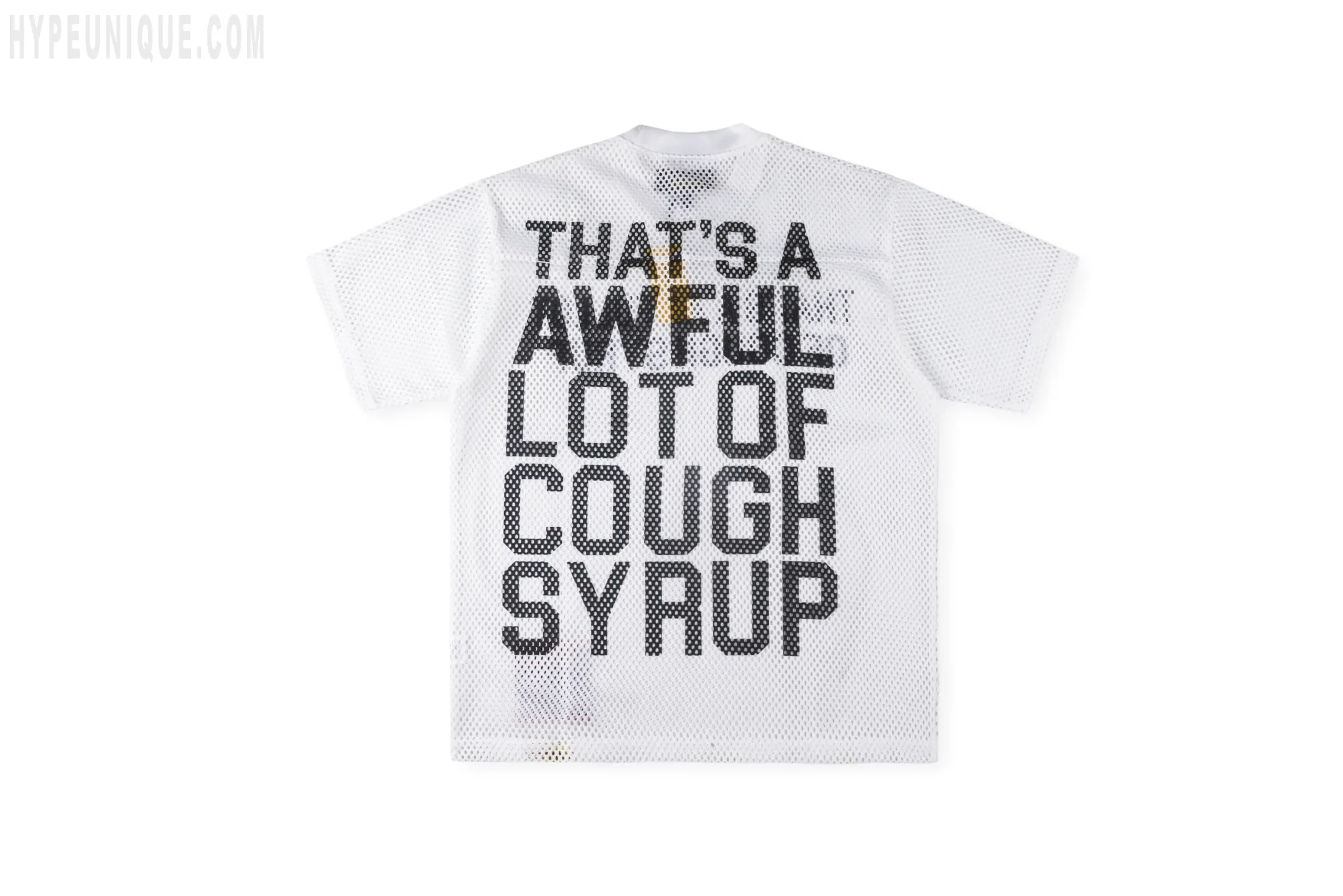 Front view of the white back of the That's A Awful Lot of Cough Syrup Letter Mesh T-shirt. This shows the mesh back and the brand's logo.
