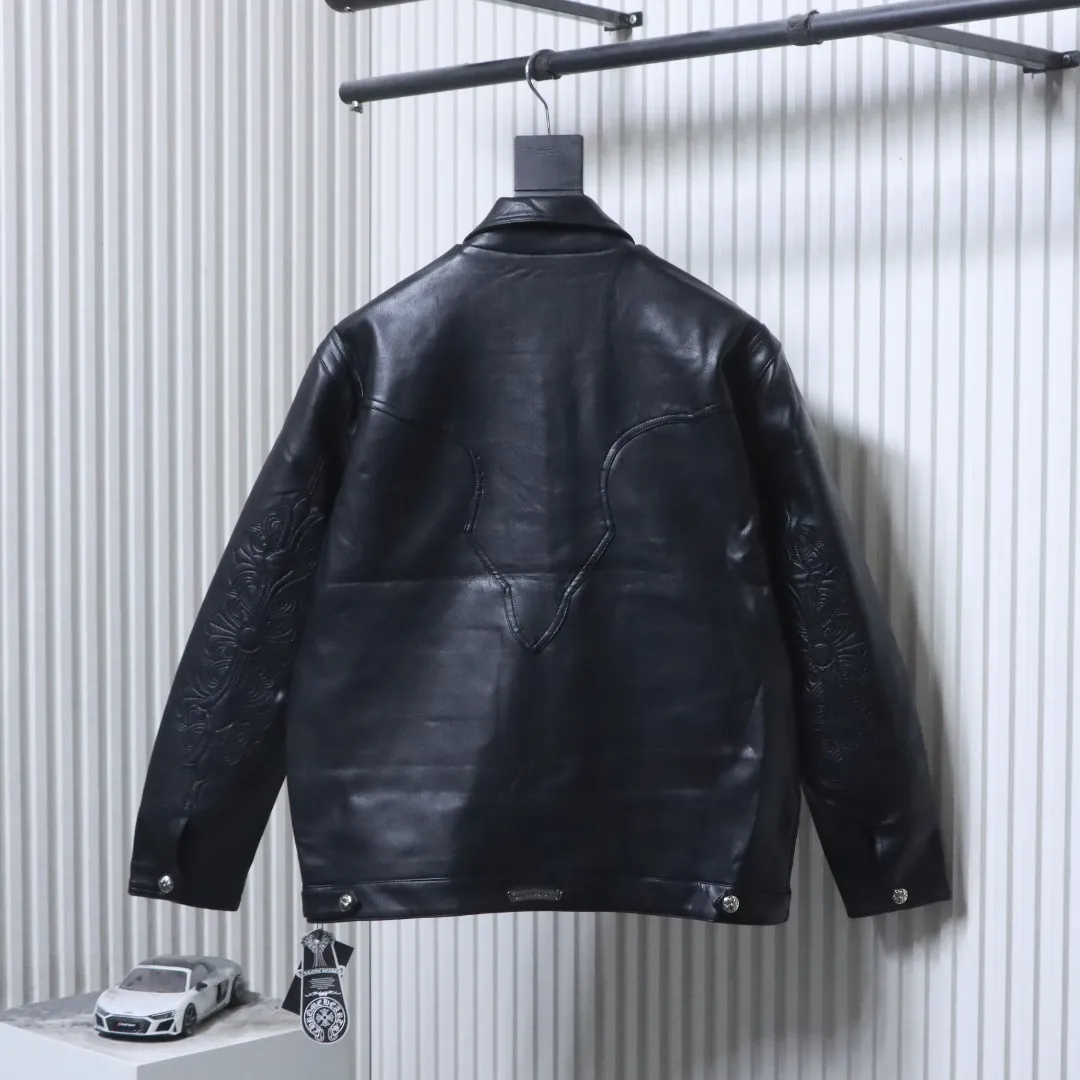 Back View CH Embroidered Genuine Leather Jacket