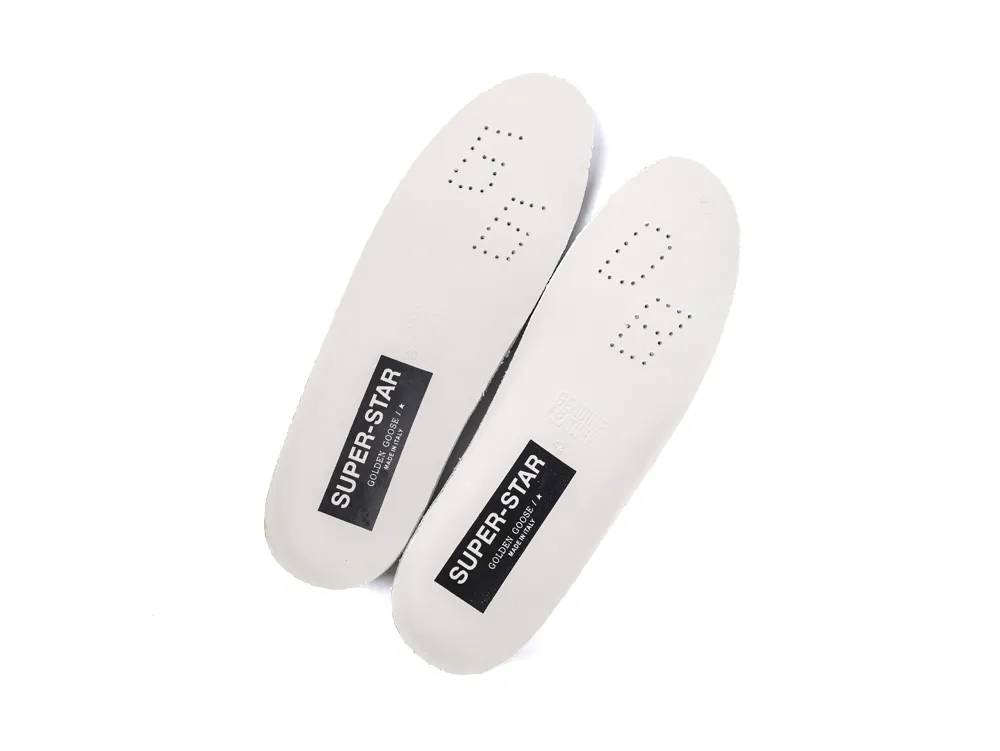 Pair of white leather insoles with Golden Goose logo branding