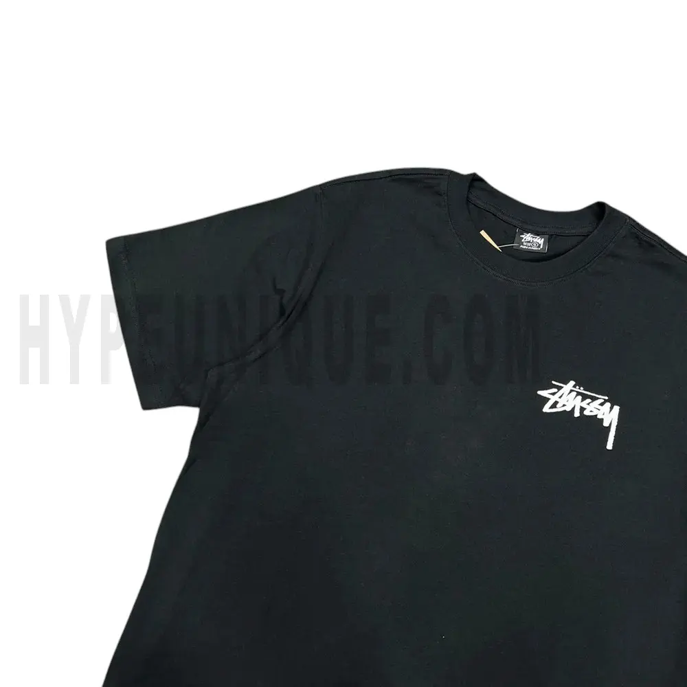 Close-up of the front of the black T-shirt