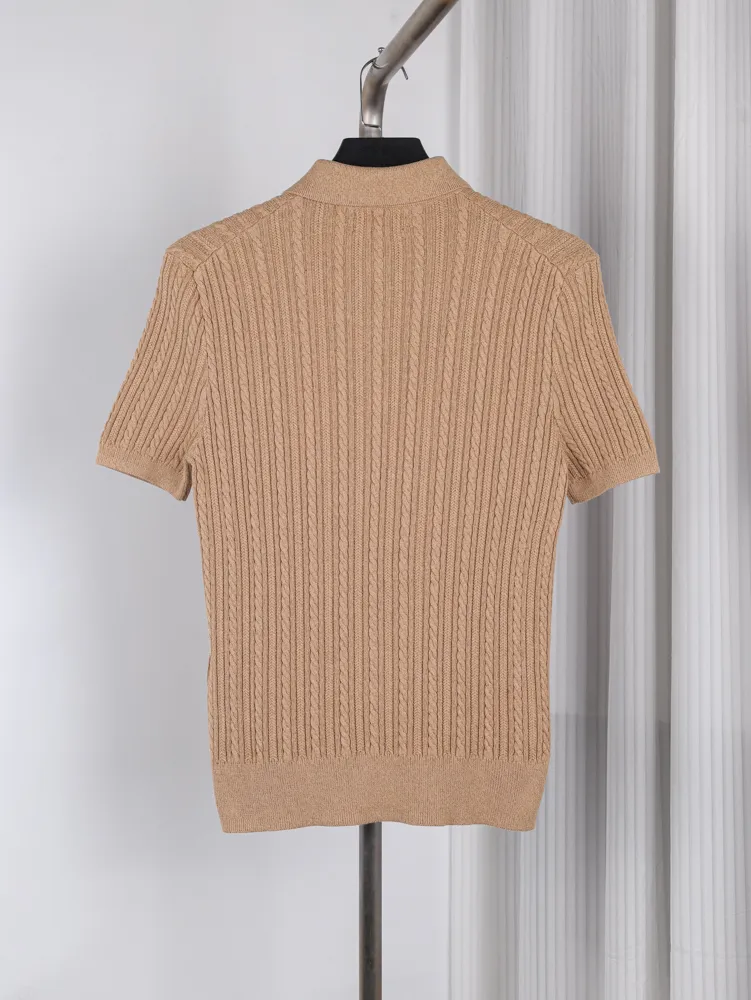 Back of RL Cable Knit Pony Logo Short-Sleeve Polo T-Shirt Color Khaki