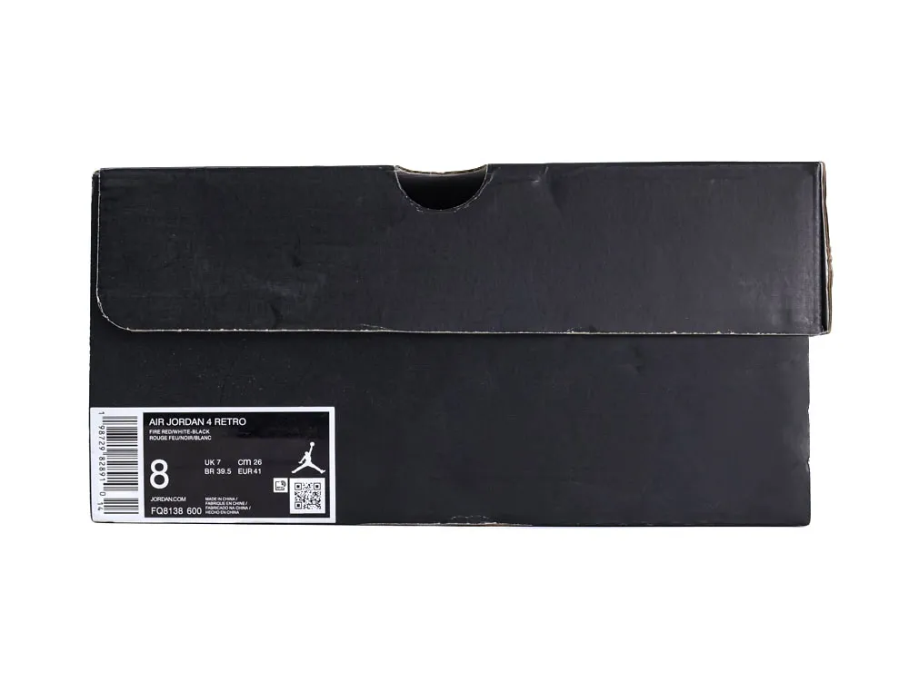Black cardboard shoe box for Air Jordan 4 Retro sneakers, size 8.