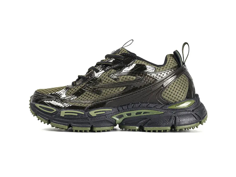 Side view of Off-White Black Be Right Back trainer featuring mesh upper and layered synthetic panels