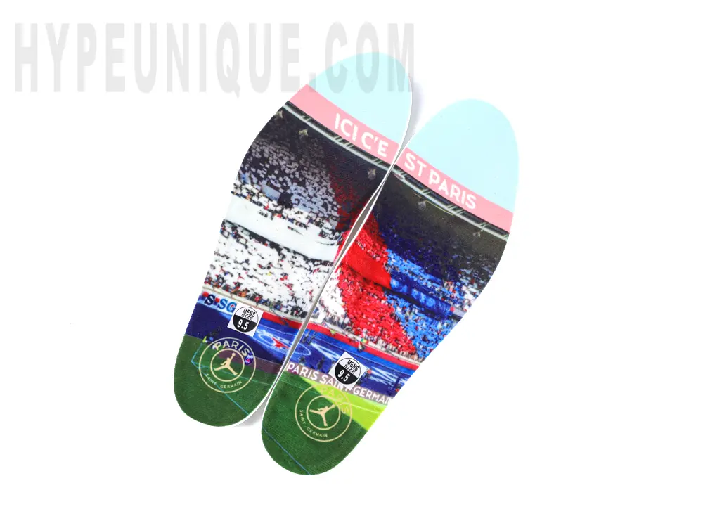 Insole of the Jordan 5 Retro PSG Paris Saint-Germain ‘Off Noir’, featuring a collage-style graphic made from stadium photographs.