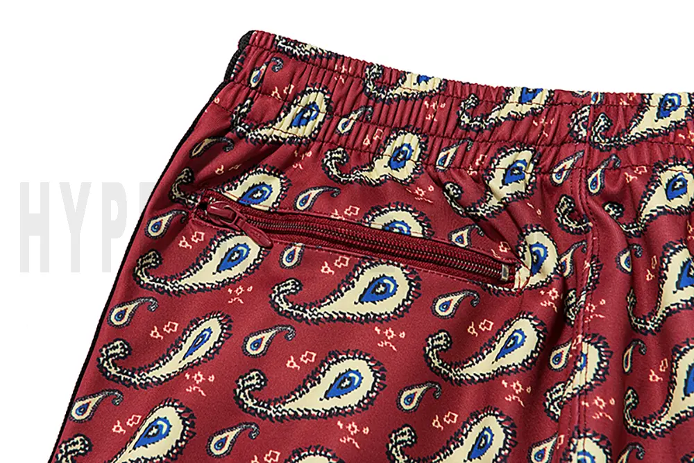 Detail of the back zip pocket on the track pants.