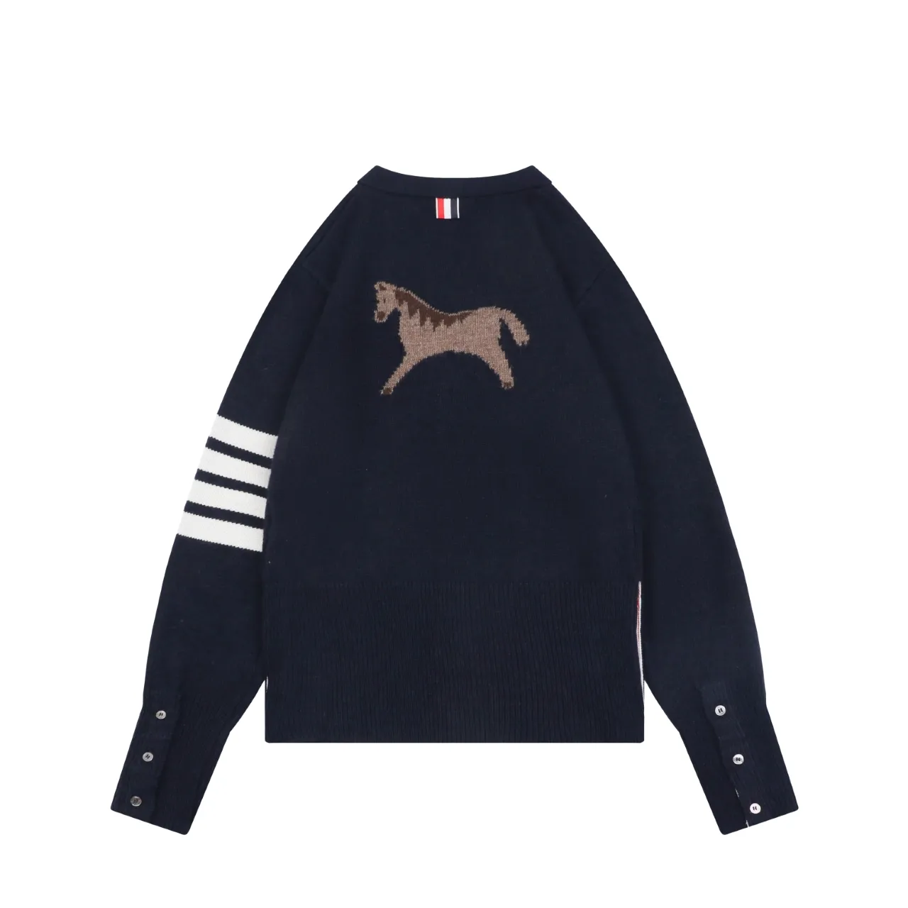 Bacl view of navy knit cardigan with four-bar stripe sleeve and button closure