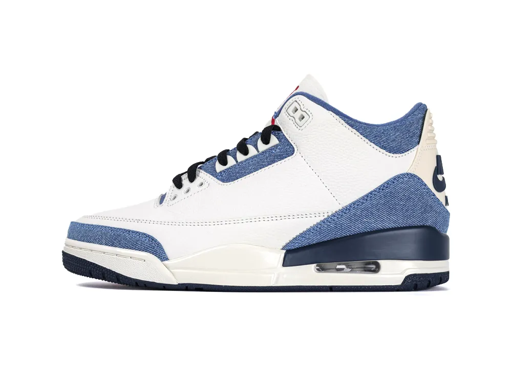 Side profile of the Levi's x Jordan 3 Retro SP featuring white tumbled leather and blue denim overlays.