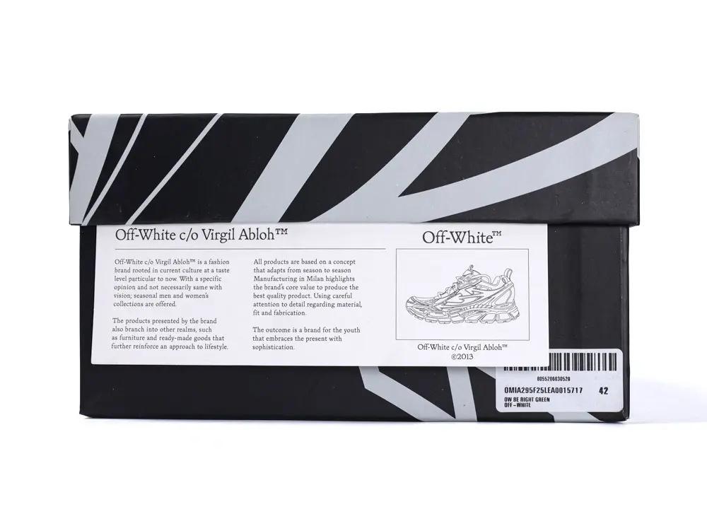 Off-White shoe box with black and white diagonal stripe design