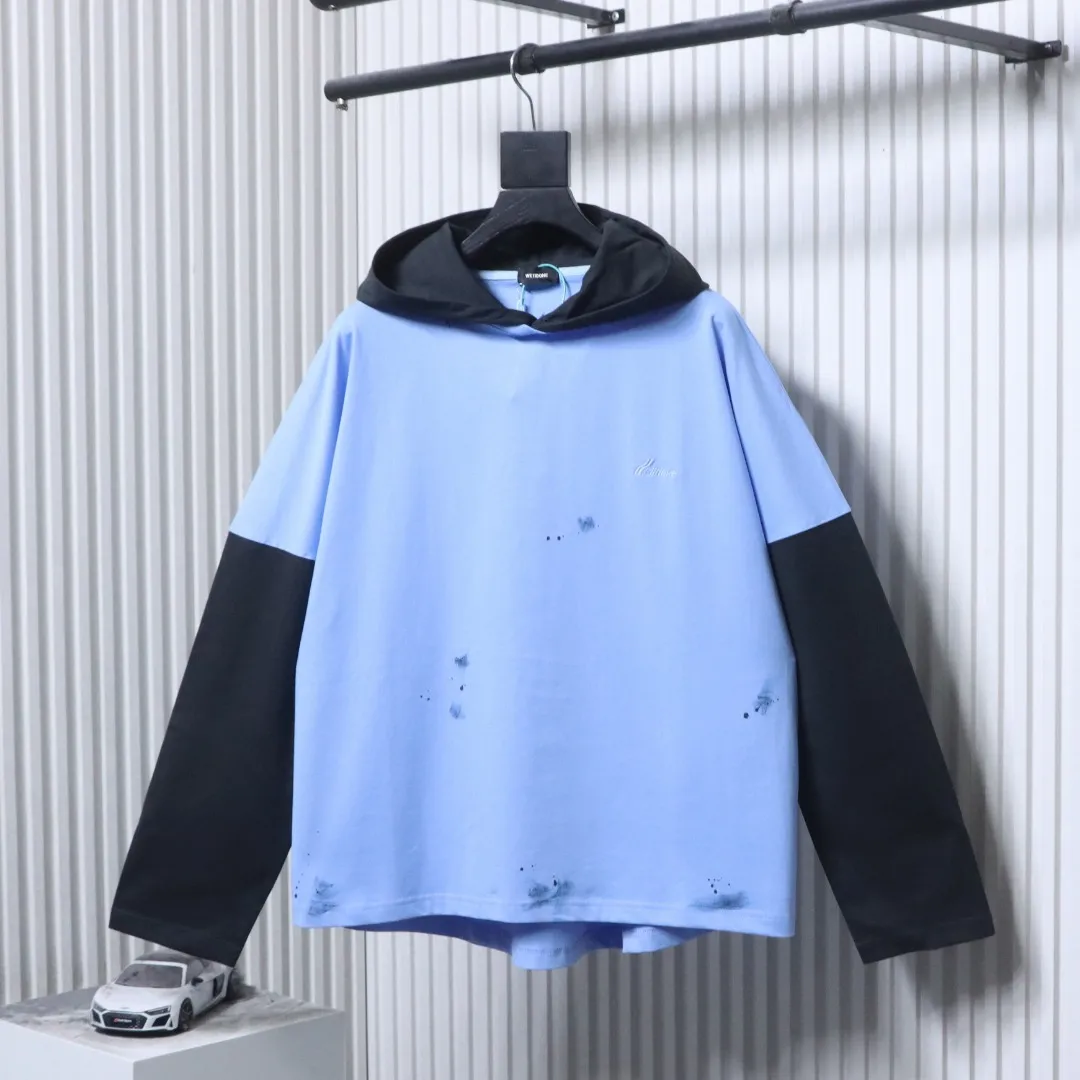 Well Done Blue Color-Block Faux Two-Piece Hooded Long-Sleeve Shirt