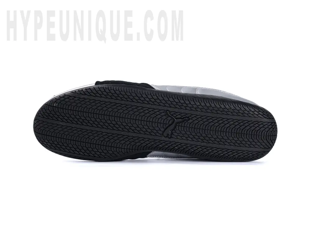 uma Speedcat ‘Metallic Silver’ with a solid black rubber outsole.