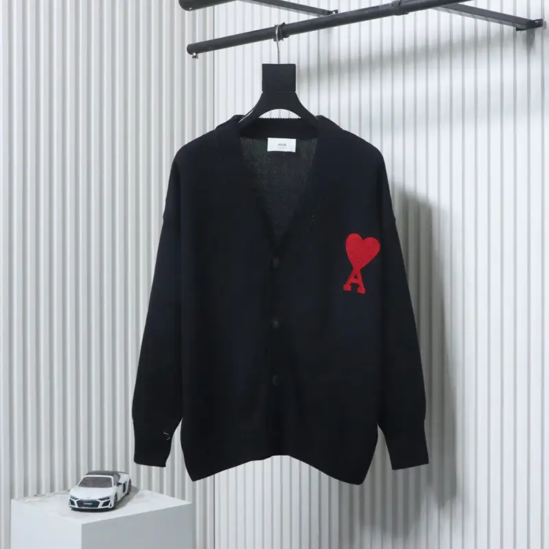 AMI Embroidered Micro-Label Heart Cardigan Sweater