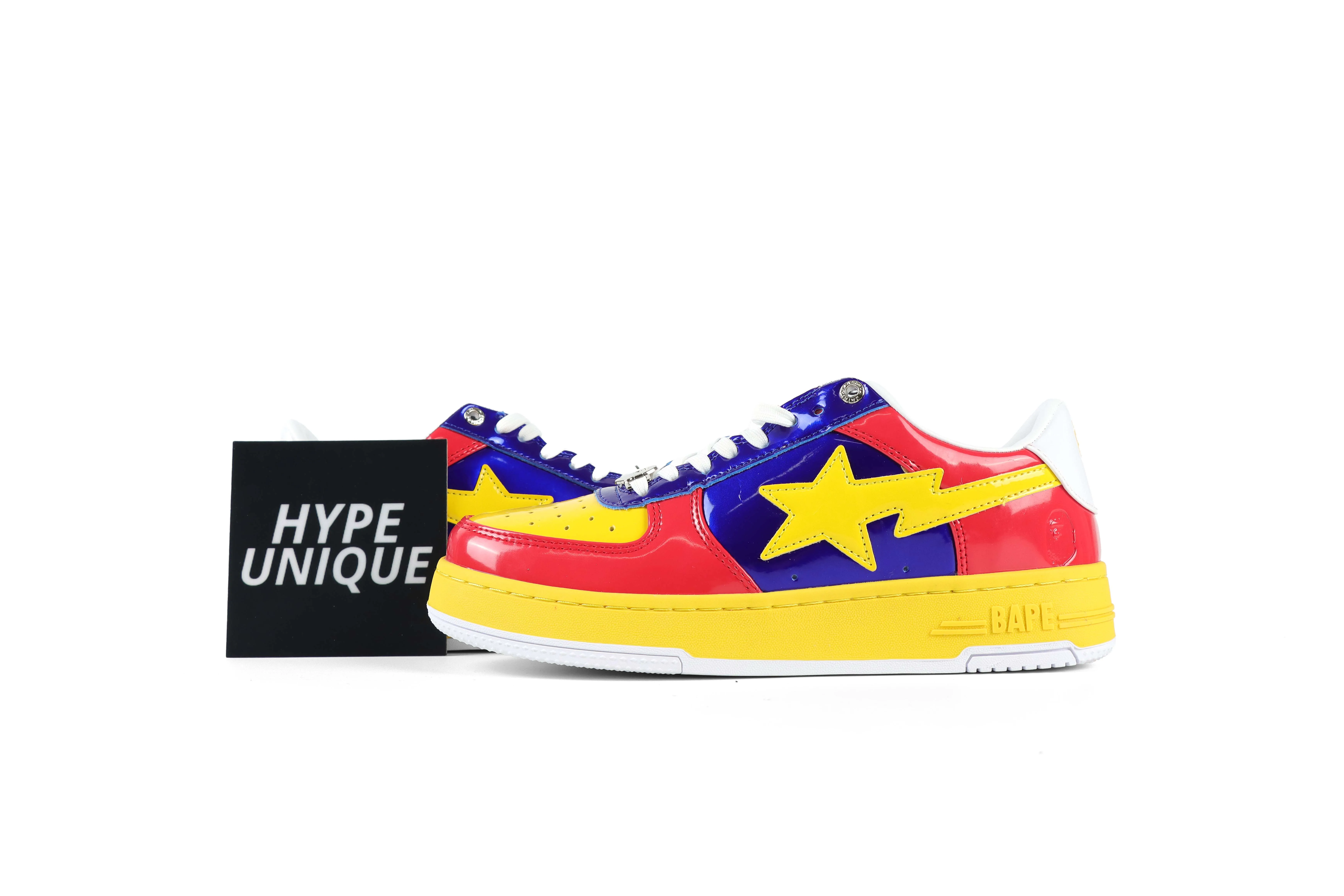 A Bathing Ape BAPE STA “Yellow Red Royal” Patent Sneakers