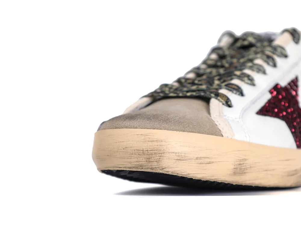 Front view of Golden Goose sneaker with leopard print laces