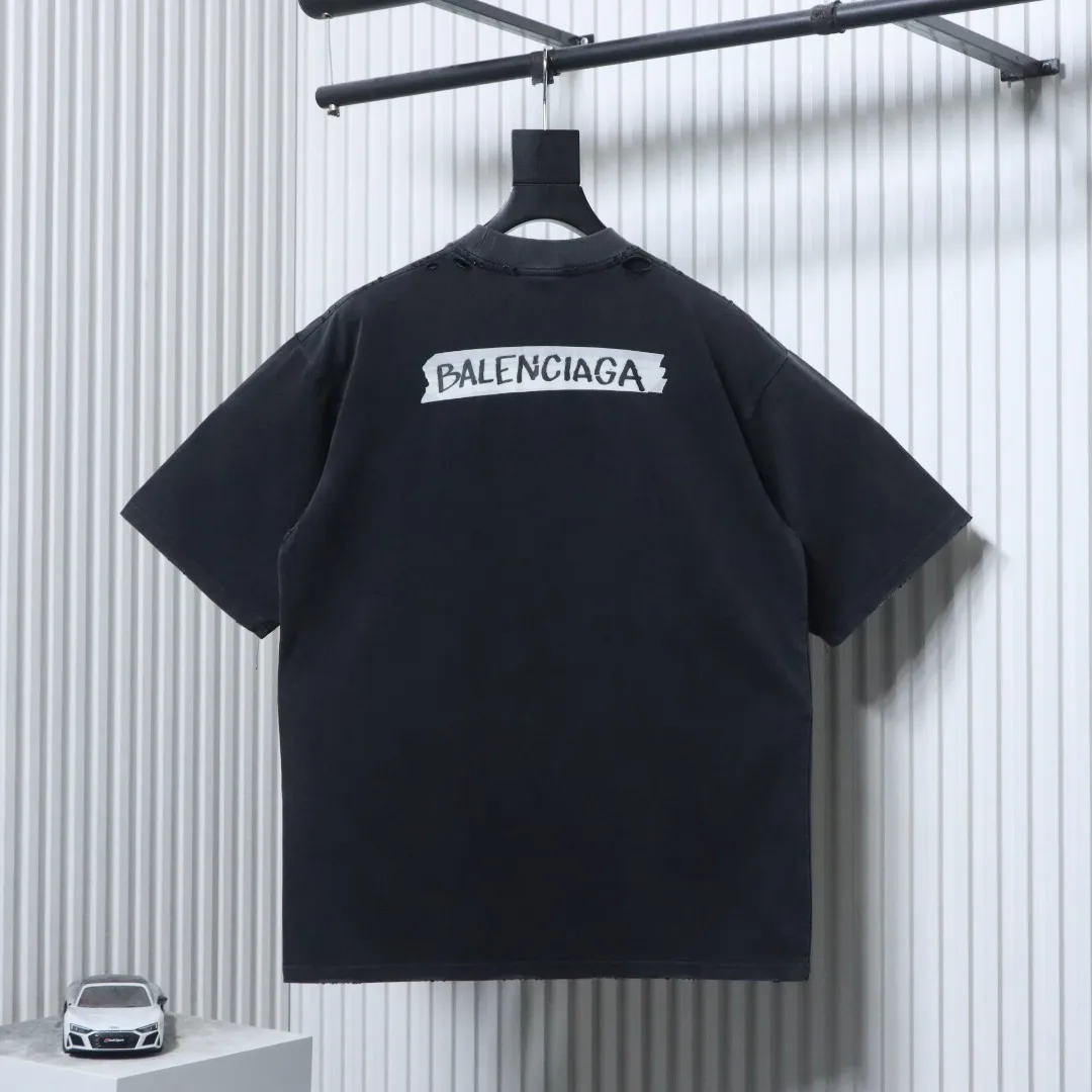 BLCG Tape Logo Distressed Cotton Short Sleeve T-Shirt