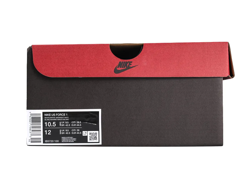 Red and black cardboard shoe box with a Nike logo and size label.