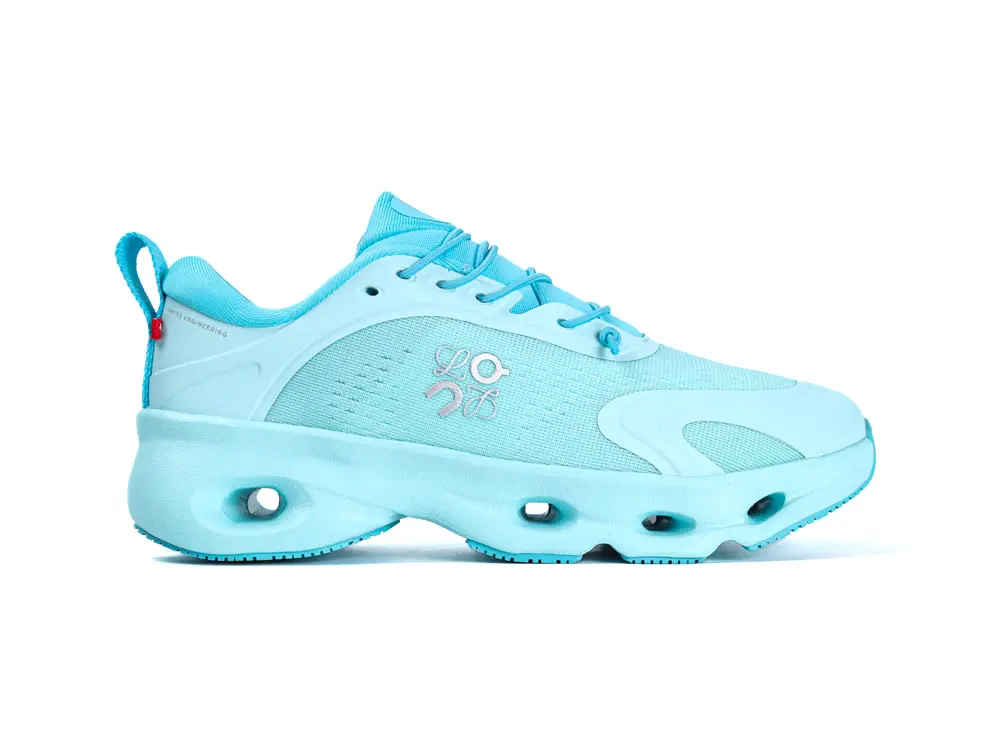 Blue sneakers with unique design.