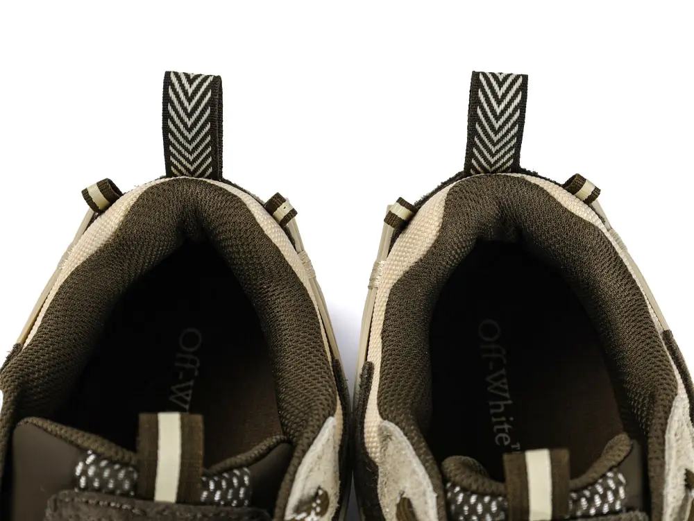 Off-White sneaker inner collar view with padded lining and pull tabs