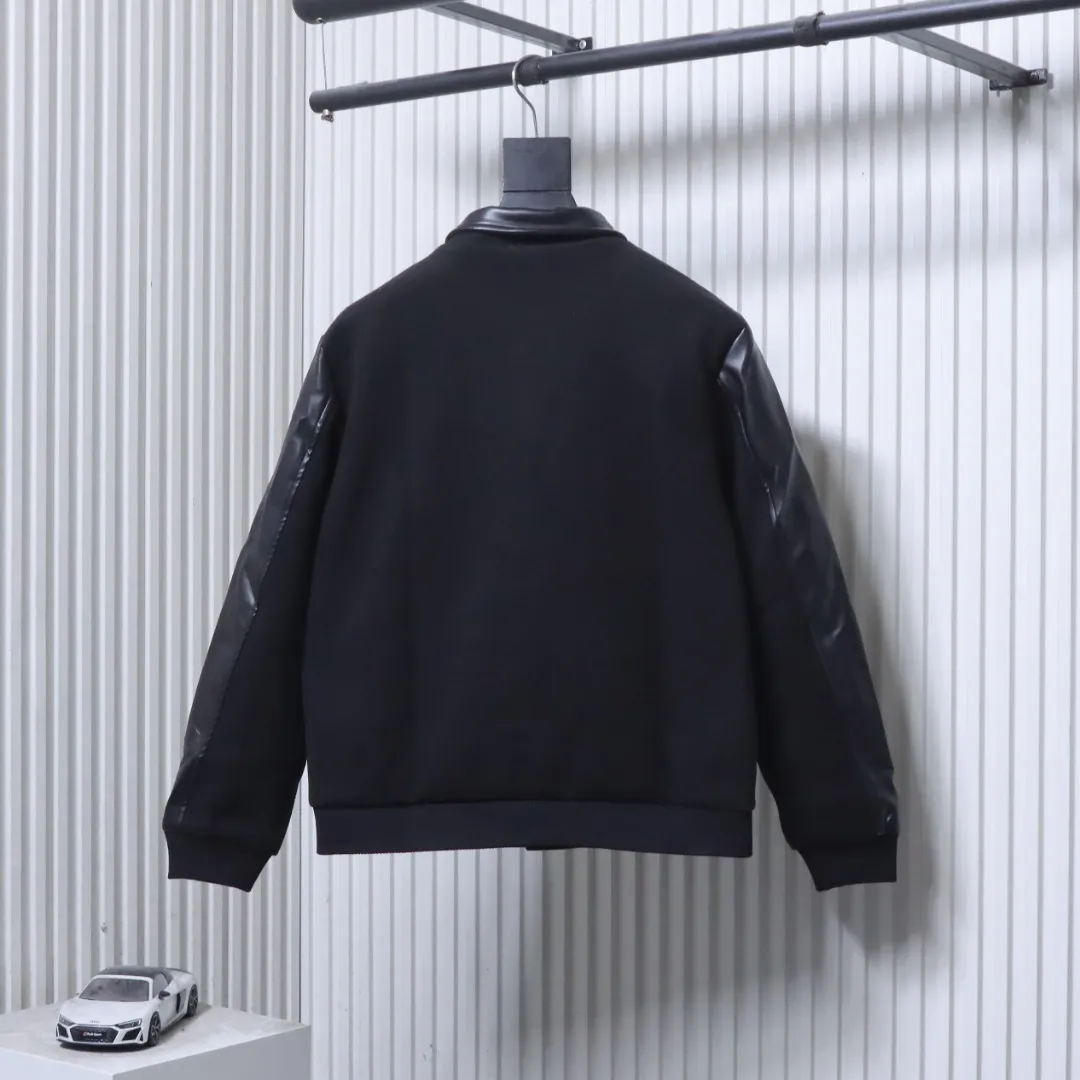 Back View Leather Sleeve Pocket Baseball Jacket