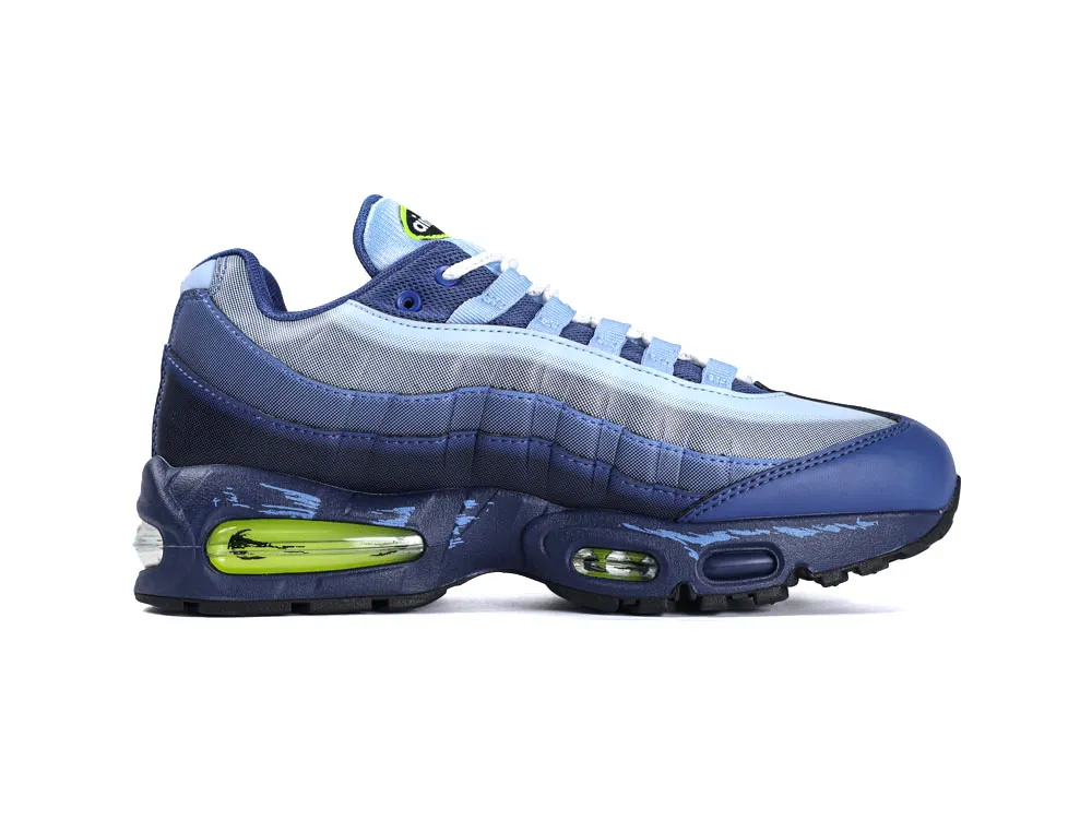 Blue gradient sneaker with mesh upper, leather overlays, and lime green air cushioning.