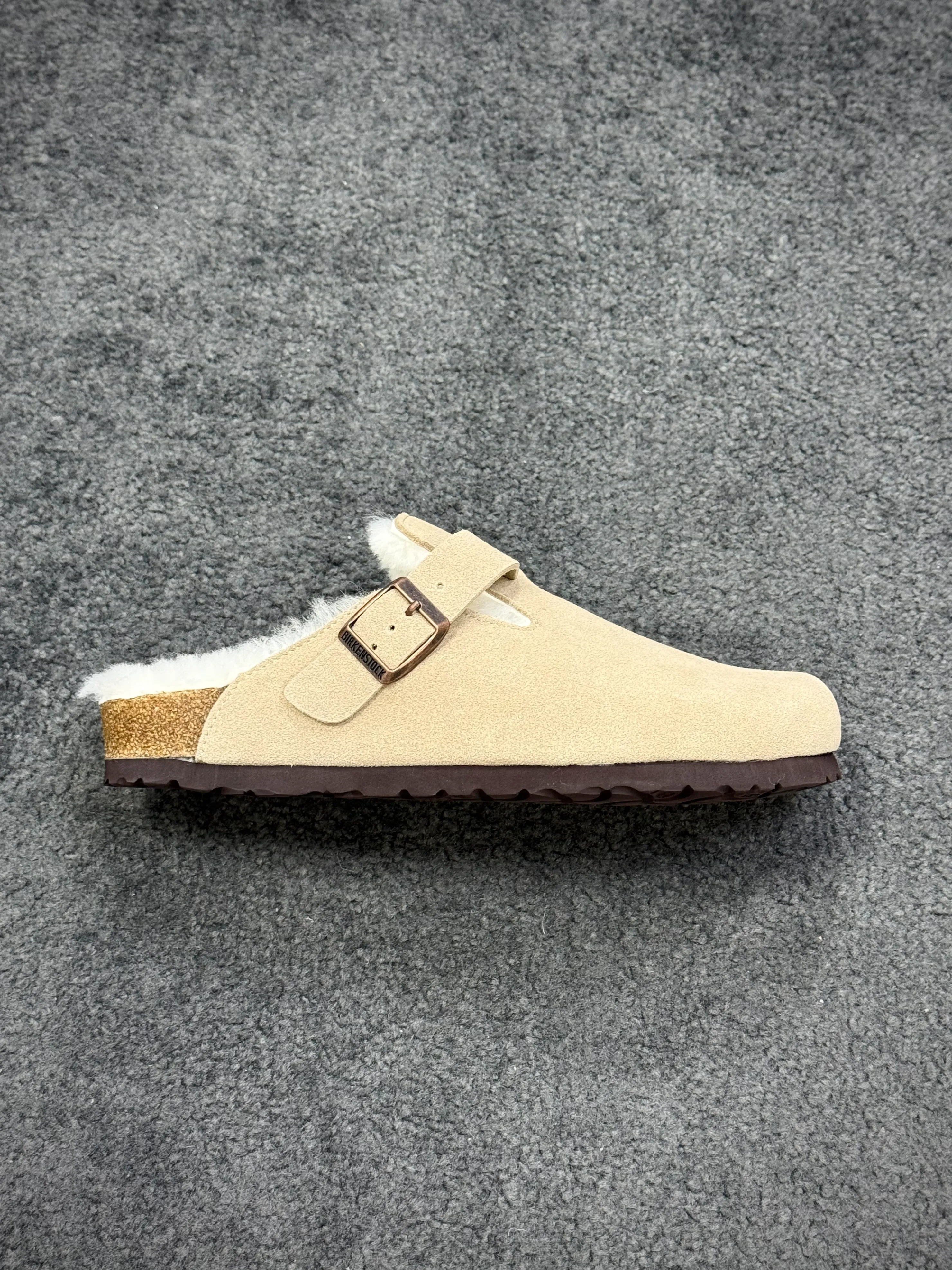 BK Boston Antique White Shearling-Lined Suede Leather Clogs Right Side View