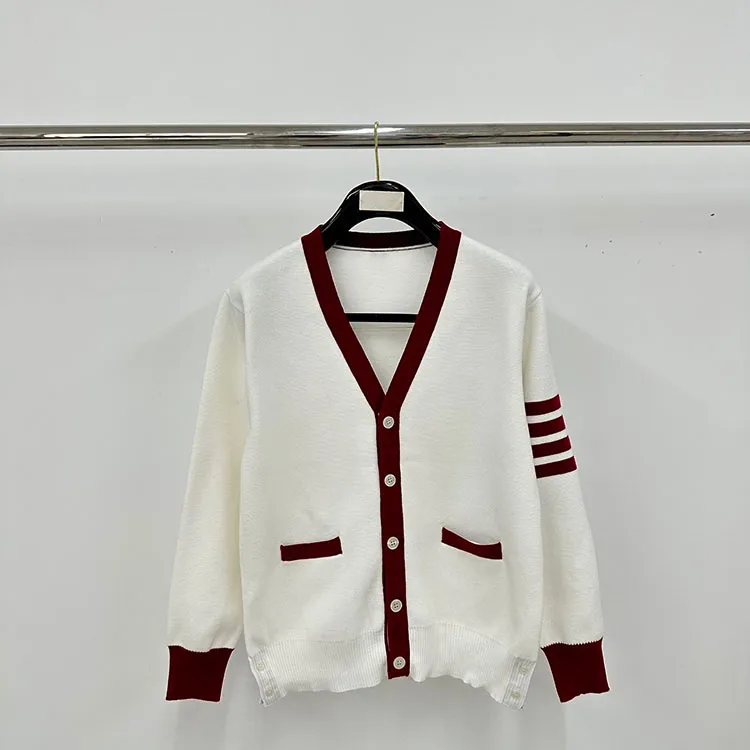TB Four-Bar Red and White Cotton Cardigan Sweater