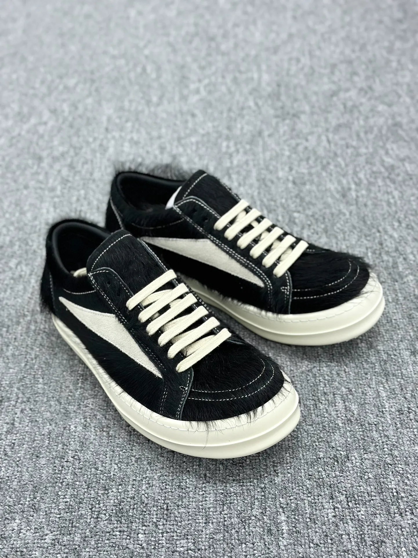 R 0wens “Black/Milk” Hair-On Leather Vintage Low Sneakers